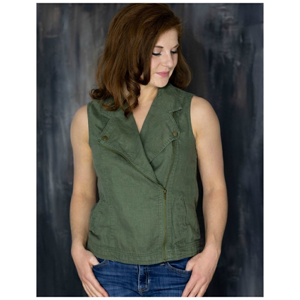 Cynthia Rowley Linen Moto Zip Vest Green S…